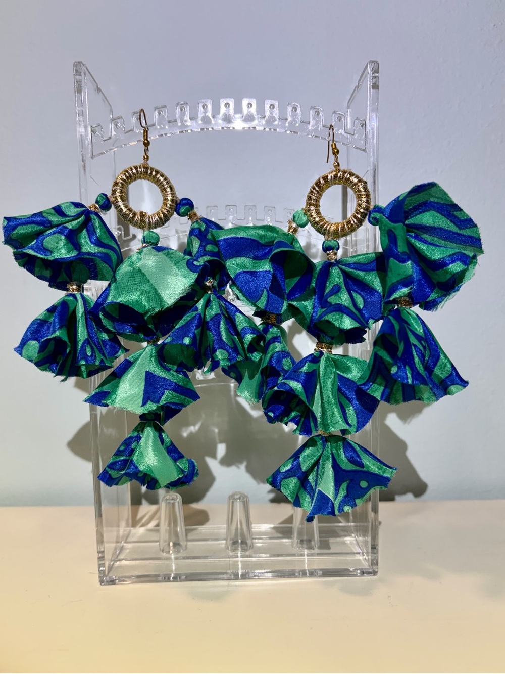 NWOT Blue & Green Statement Fabric Tassel Pierced Earrings
